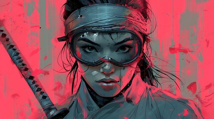 cartoon illustration of a female ninja hold katana blade with pink background
