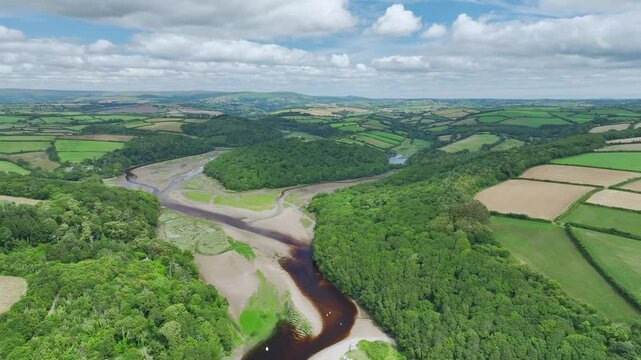 River Emme and Red Cove from a drone, Mothecombe, Plymouth, South Devon, England, Europe