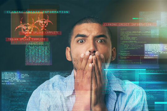 Hologram, disaster and man with risk or crisis for coding, website development and programming. Portrait, scared or IT technician in fear of online data theft, stealing software info or cybersecurity