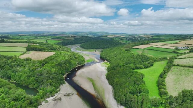 River Emme and Red Cove from a drone, Mothecombe, Plymouth, South Devon, England, Europe