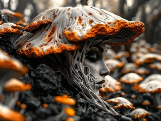 Surreal Female Portrait Fused with Mushroom in a Mystical Forest