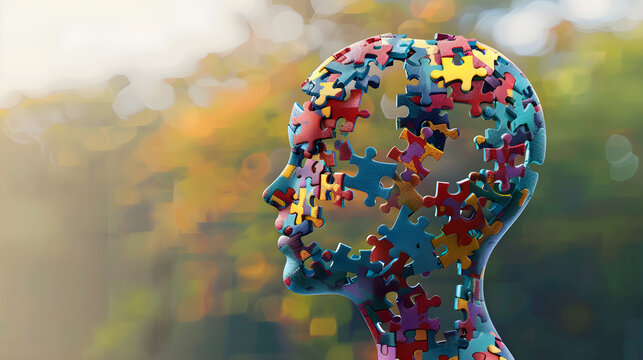 Intricate jigsaw puzzle-shaped head symbolizes diverse intelligence and creativity, perfect for educational, healthcare, or marketing materials. Copy space enhances versatility.