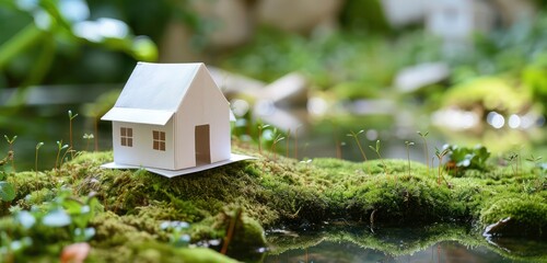 Delicate paper home resting on a carpet of moss within a garden oasis, portraying an ideal of ecological harmony and sustainable design
