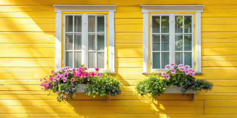 Vintage cute windows with flower boxes, spring flowers, sunny day