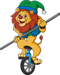 Cute Lion wearing Clown costume on Unicycle