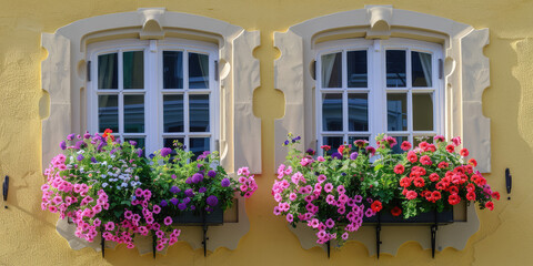 Vintage cute windows with flower boxes, spring flowers, sunny day