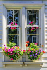 Vintage cute windows with flower boxes, spring flowers, sunny day