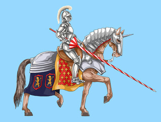 Drawing knight on horseback, fighter, long weapon,art illustration