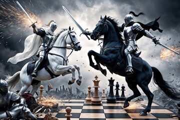 Naklejka premium Epic Medieval Battle of Two Knights on Horseback on a Giant Chessboard