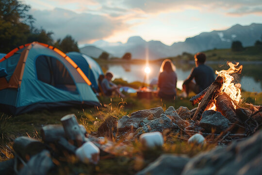 Family Camping Trip: close up of A family on a camping trip, setting up tents, roasting marshmallows, and exploring nature.