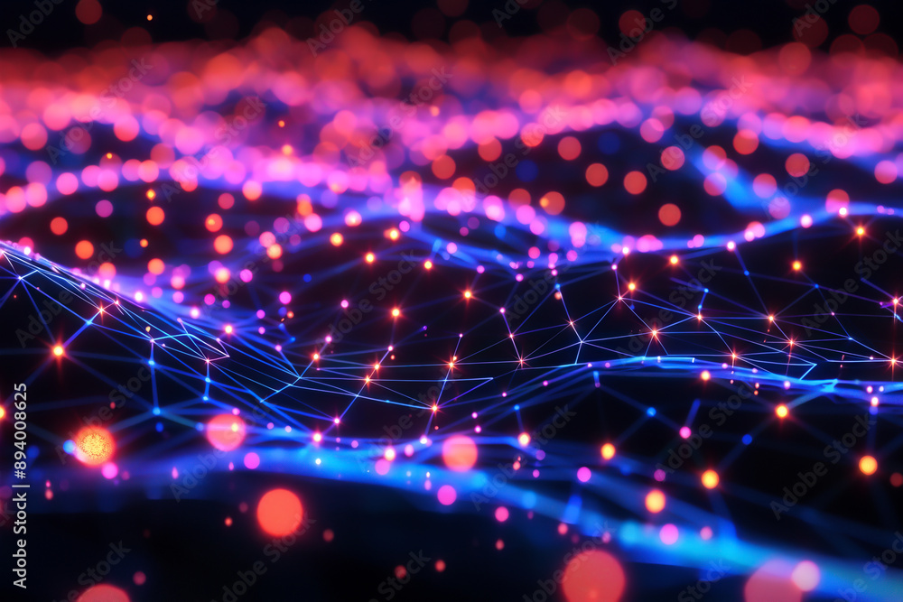 Poster abstract neon network with glowing nodes and lines on a dark background, representing data, technolo