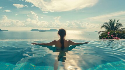 Summer Vacation. Woman in enjoying Suntan at Beach. Fashion Model in swimming Suit sunbathing over Blue Sky and Tropic Sea Background