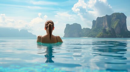 Summer Vacation. Woman in enjoying Suntan at Beach. Fashion Model in swimming Suit sunbathing over Blue Sky and Tropic Sea Background