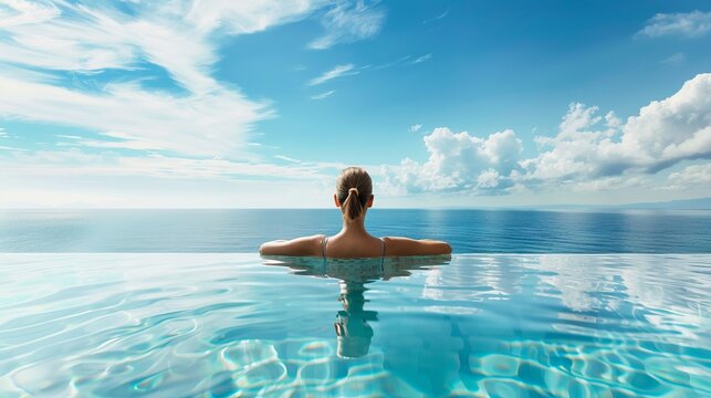 Summer Vacation. Woman in enjoying Suntan at Beach. Fashion Model in swimming Suit sunbathing over Blue Sky and Tropic Sea Background
