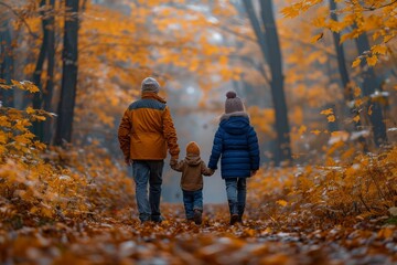 Fototapeta premium A joyful family enjoying an autumn walk, with parents carrying their little kids. Generative AI