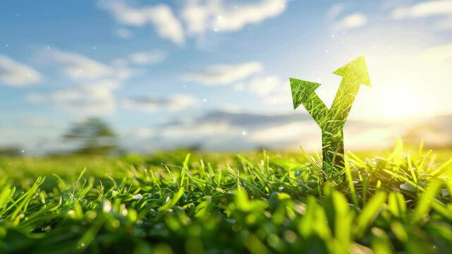 Green grass field with a large, symbolic arrow pointing upwards and forwards, representing sustainable development, eco-friendly growth, and motivational progress in environmental practices.
