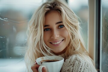 Smiling woman with coffee by window. This photo captures a warm and inviting moment, ideal for showcasing the beauty of everyday moments and the comfort of a warm beverage.