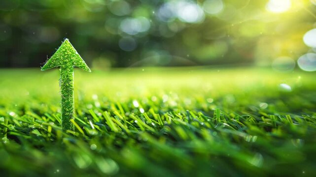 Green grass field with a large, symbolic arrow pointing upwards and forwards, representing sustainable development, eco-friendly growth, and motivational progress in environmental practices.
