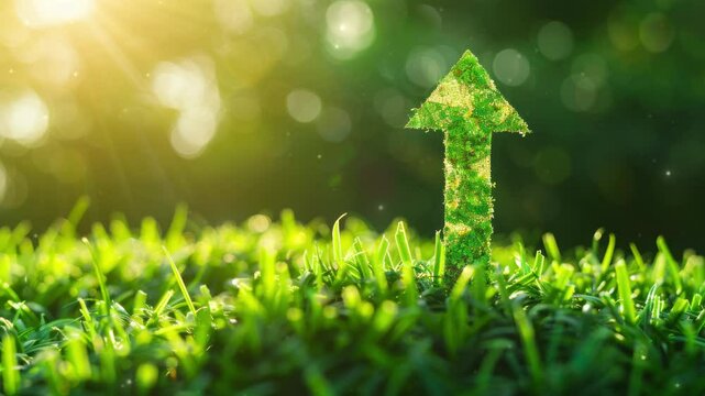 Green grass field with a large, symbolic arrow pointing upwards and forwards, representing sustainable development, eco-friendly growth, and motivational progress in environmental practices.
