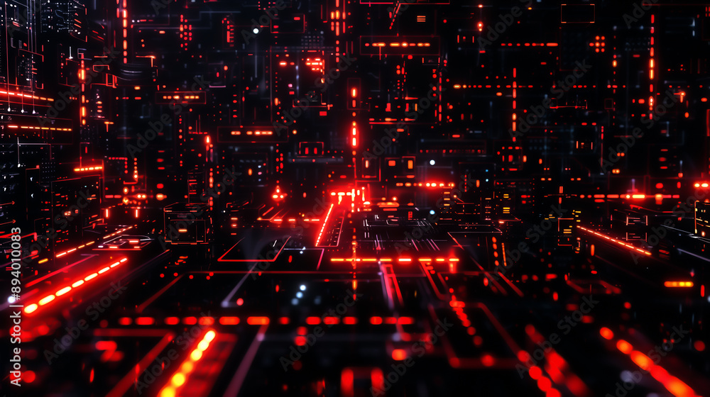 Poster futuristic digital network with glowing red lines and nodes, representing advanced technology and cy