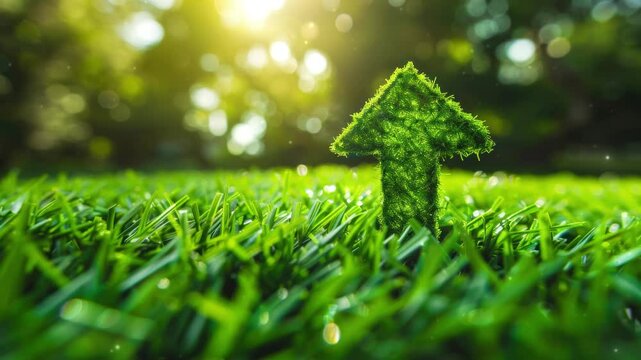 Green grass field with a large, symbolic arrow pointing upwards and forwards, representing sustainable development, eco-friendly growth, and motivational progress in environmental practices.
