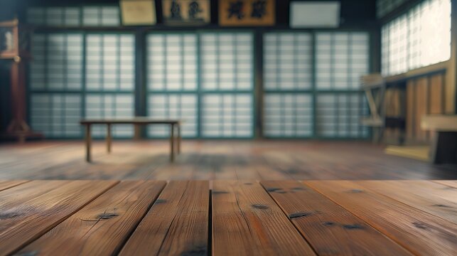 close up of empty wooden table with blurred judo or karate dojo school background