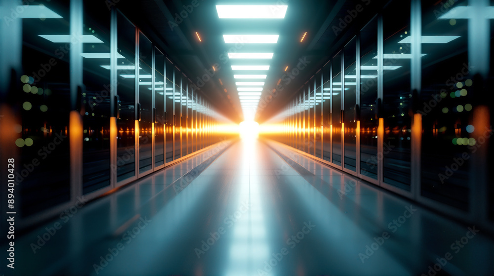 Poster futuristic server room with glowing lights, high-tech data center with rows of servers, technologica