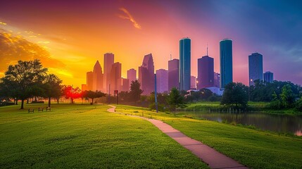 Houston, Texas, USA downtown park and skyline at twilight.