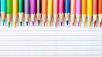 Colorful pencils on lined notebook paper background with space for text School education theme