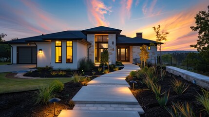 Modern Craftsman style house in a suburban landscape at sunset, side view where the pathway lights lead warmly into the house