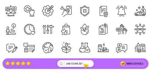 Organic product, Reject protection and Notification bell line icons for web app. Pack of Dont touch, Dating, Support pictogram icons. Bid offer, Rate button, Spanner tool signs. Dao. Vector