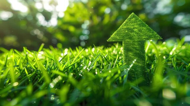 Green grass field with a large, symbolic arrow pointing upwards and forwards, representing sustainable development, eco-friendly growth, and motivational progress in environmental practices.
