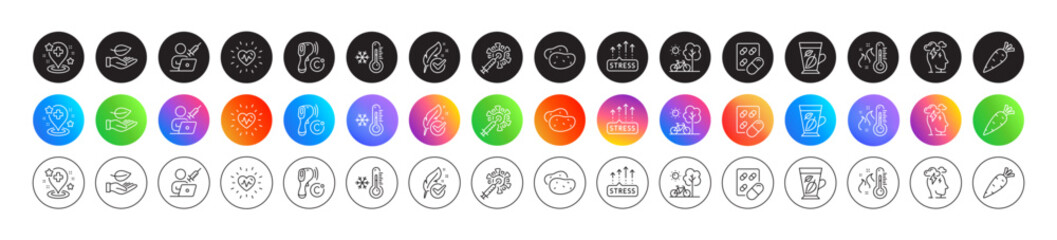 Stress, Vaccination appointment and Coronavirus vaccine line icons. Round icon gradient buttons. Pack of Stress grows, Carrot, High thermometer icon. Bicycle, Potato, Leaf pictogram. Vector