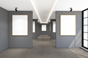 3d render of minimal interior design exhibition room with frames mockup. Gray carpet floor, dark gray wall and white ceiling. Set 12