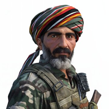 73. "A Kurdish Peshmerga soldier in traditional military uniform with distinctive headgear, rendered in 3D on a white background."