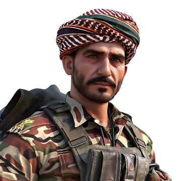 73. "A Kurdish Peshmerga soldier in traditional military uniform with distinctive headgear, rendered in 3D on a white background."