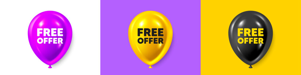 Birthday balloons 3d icons. Free offer tag. Special offer sign. Sale promotion symbol. Free offer text message. Party balloon banners with text. Birthday or sale ballon. Vector