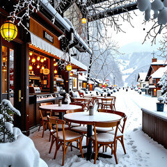 눈내린 노천 카페의 멋진 설경