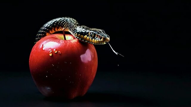 Snake coiled around a red apple, symbolize the temptation faced by Adam and Eve. The Fall, resulting in their expulsion from the Garden of Eden, human nature, redemption