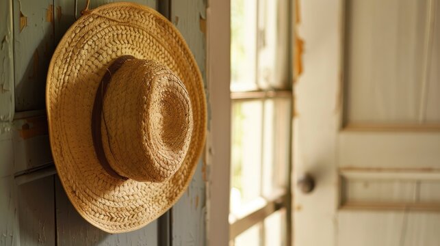 Straw hat in an Amish style draped on a hook in a mudroom of a colonial era home replica