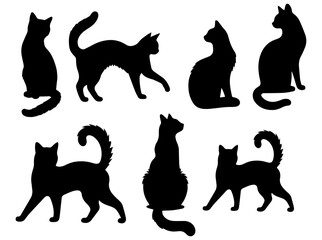 Vector illustration. Silhouettes of black cats. Set of animal stickers. Large set.	