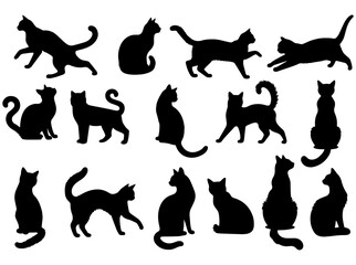 Vector illustration. Silhouettes of black cats. Set of animal stickers. Large set.	