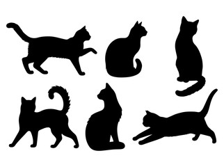 Vector illustration. Silhouettes of black cats. Set of animal stickers. Large set.	
