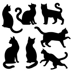 Vector illustration. Silhouettes of black cats. Set of animal stickers. Large set.	