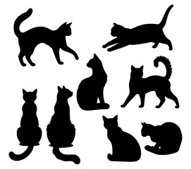 Vector illustration. Silhouettes of black cats. Set of animal stickers. Large set.	