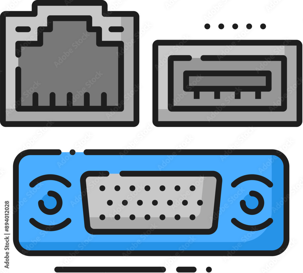 Aufkleber computer interface ports software color line icon. computer system hardware driver, web network data