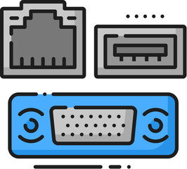 Computer interface ports software color line icon. Computer system hardware driver, web network data or software linear vector symbol with PC LAN, USB and VGA cables connection ports