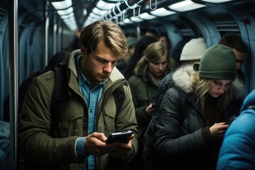 Fototapeta premium Commuting scene - rush hour train cabin is packed with individuals, each engrossed in mobile phone screens, modern day routine of digital engagement and the bustling atmosphere of daily travel.