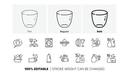 T-shirt, Glass and Cleaning liquids line icons. Pack of Hand washing, Shampoo, Cleanser spray icon. Washing machine, Wash hands, Hand sanitizer pictogram. Vacuum cleaner, Rubber gloves. Vector