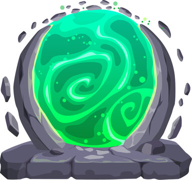 Fantasy fairytale game magic portal door with green plasma, cartoon vector gate in stone rock arch. Magic portal door or parallel world entrance for time and space teleport for mystery game element